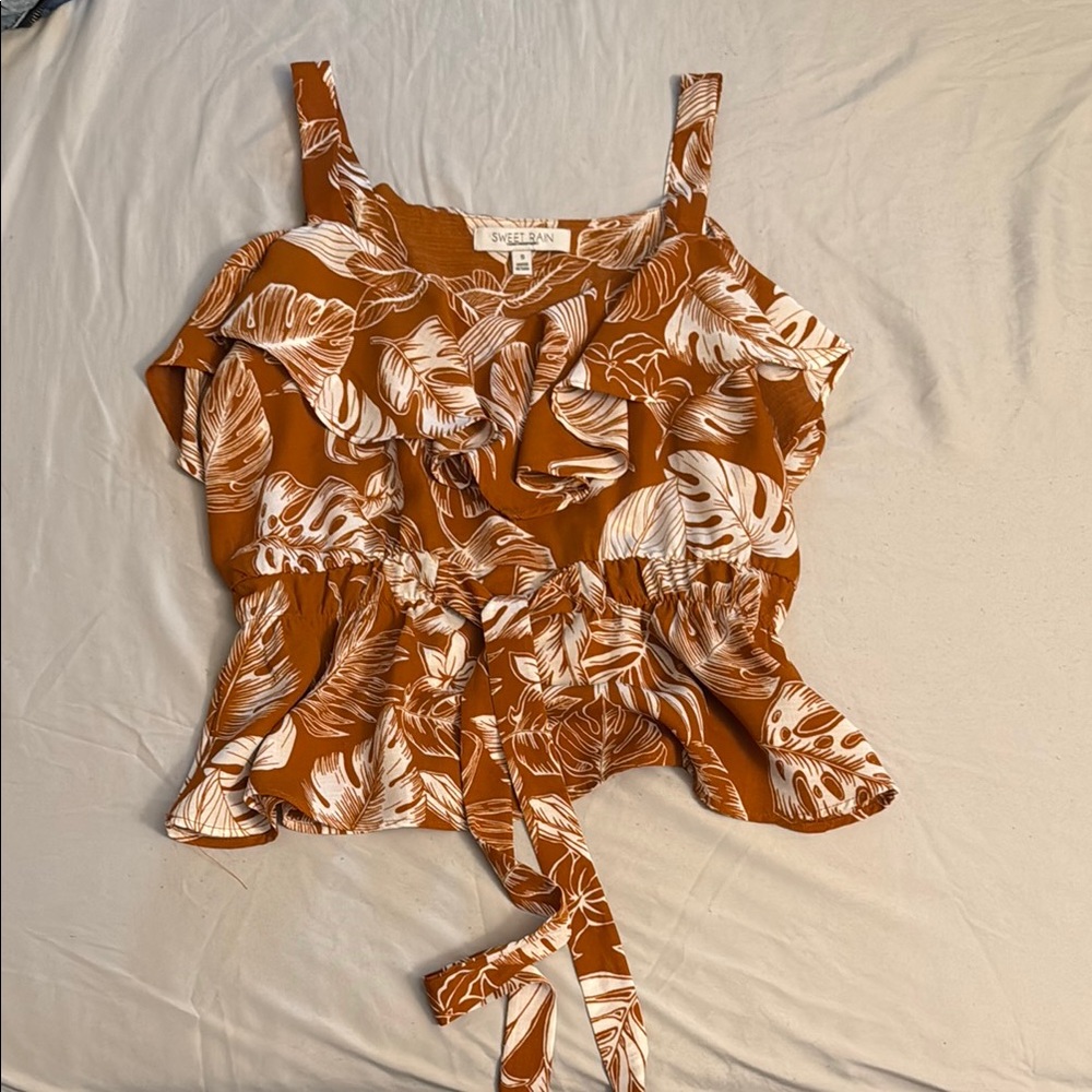 Sweet Rain Brown and White Ruffled Tie Front Tank Top